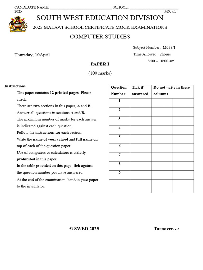 Computer Studies Paper I Swed 2025 | PDF | Databases | Microsoft Excel