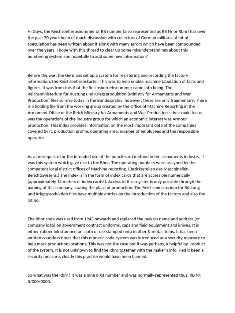 Understanding Reichsbetriebsnummer (Rbnr) | PDF