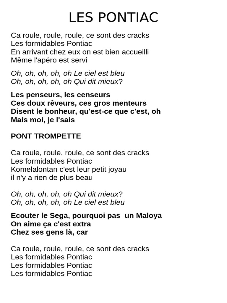 Les Formidables Pontiac en Chanson | PDF