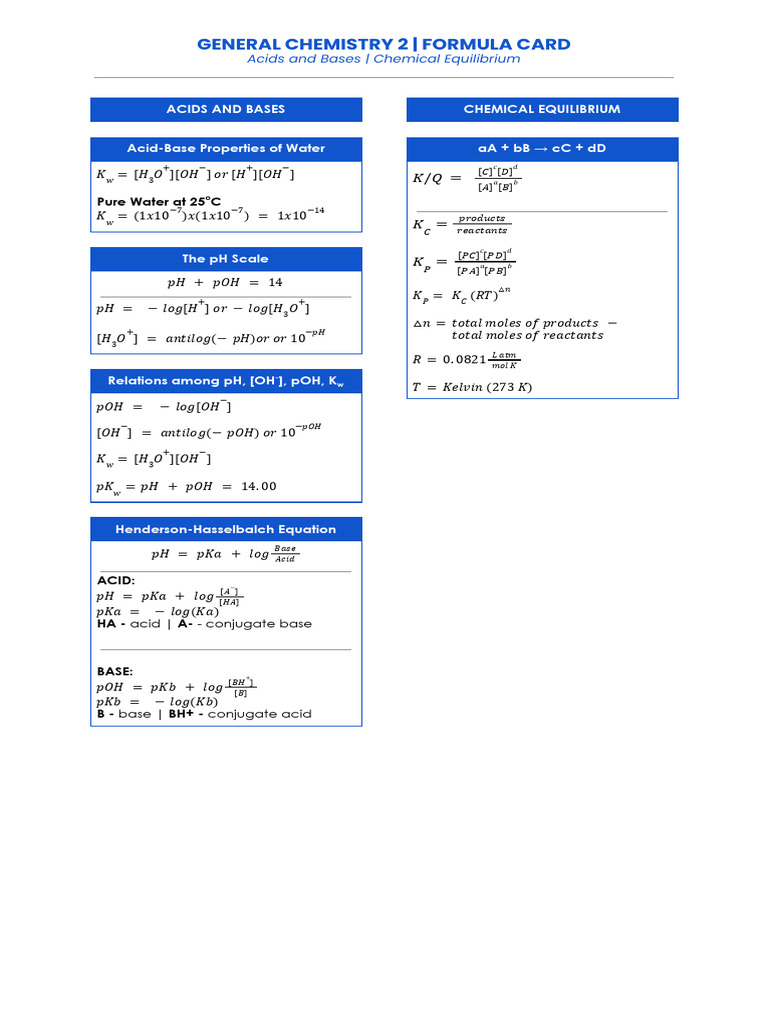 GEN. CHEM 2 Batch Formula Card Q4 3 | PDF