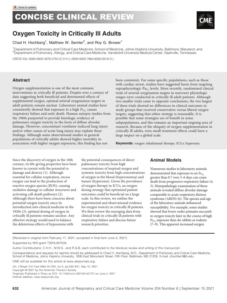 Hochberg Et Al 2021 Oxygen Toxicity in Critically Ill Adults | PDF ...