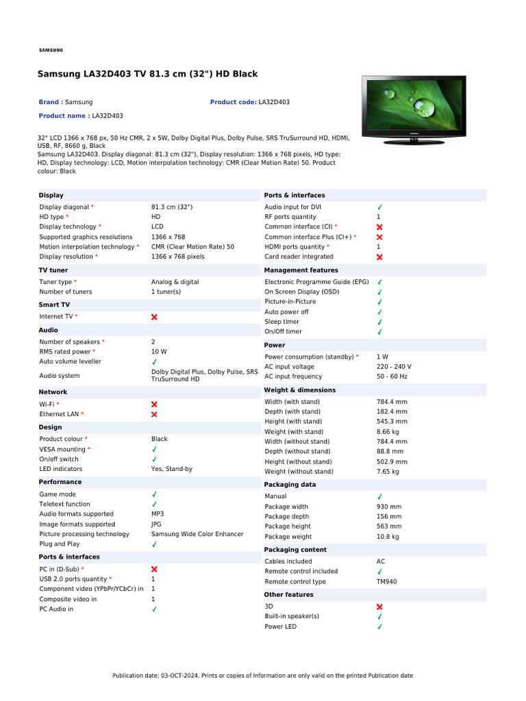 Samsung LA32D403 TV Features Overview | PDF | Hdmi | Display Resolution