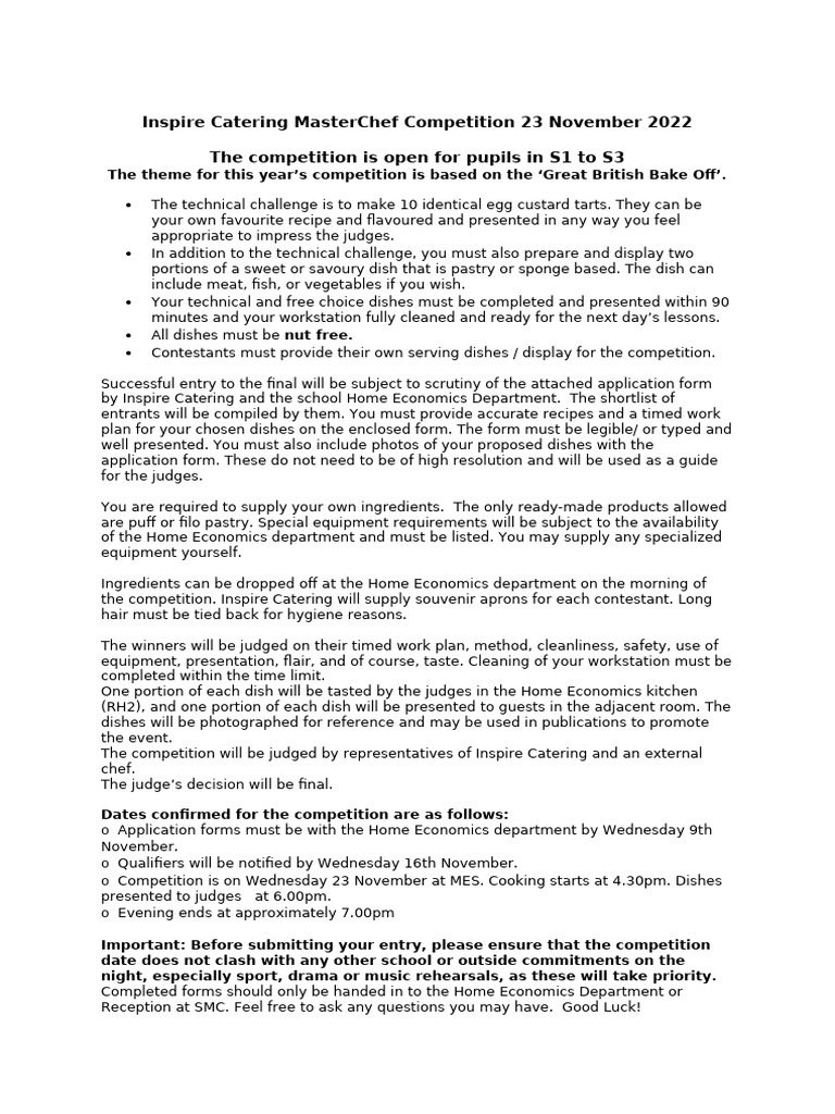 Inspire Catering MasterChef Competition 2022 | PDF | Custard | Food And ...