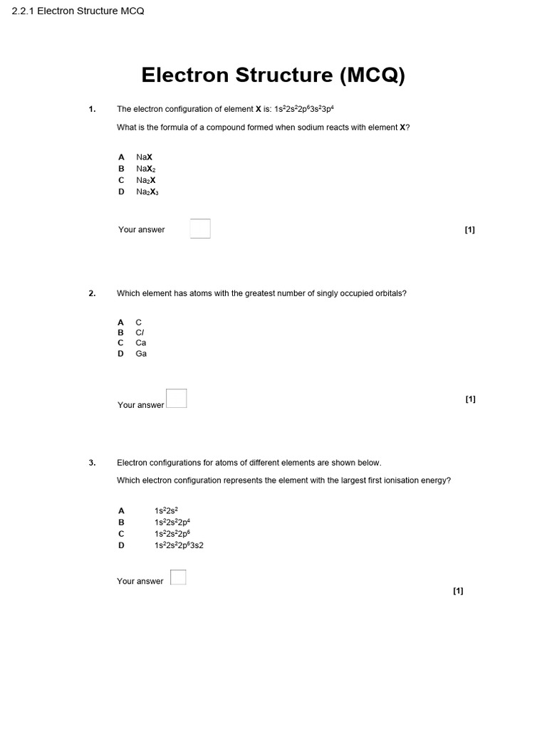 2.2.1 Electron Structure MCQ | PDF | Electron Configuration | Multiple ...