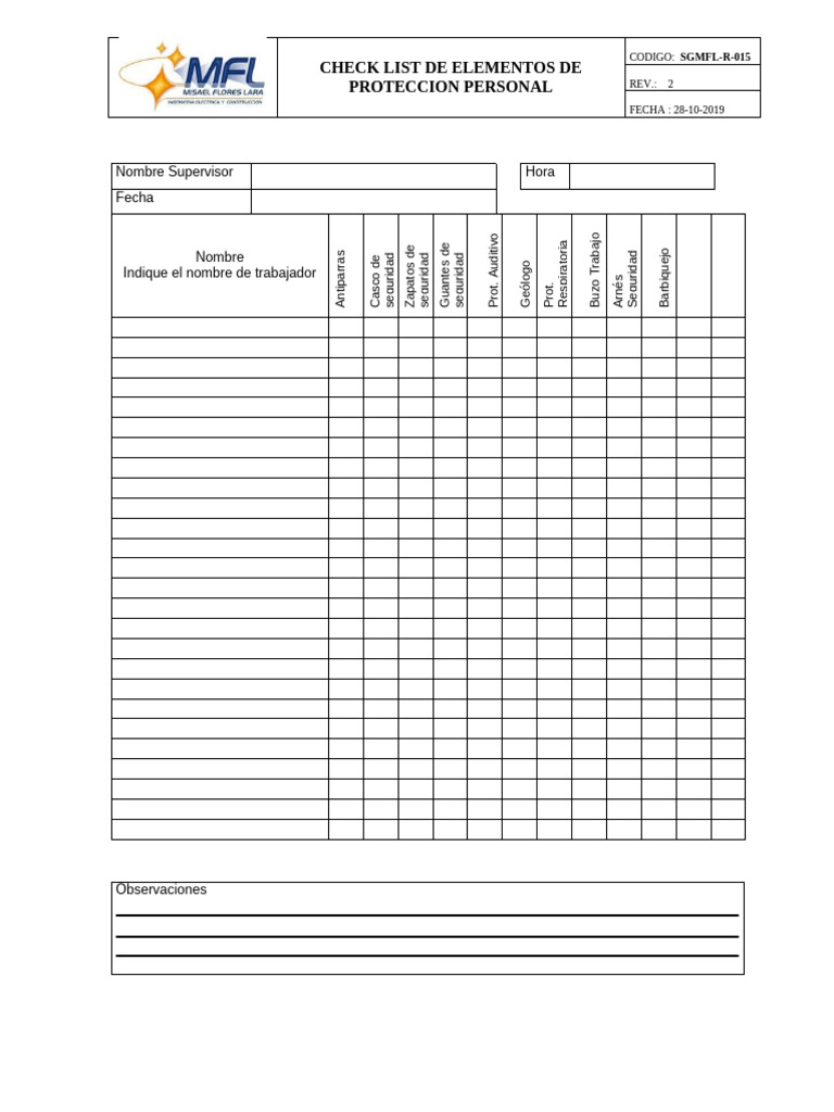 Check List de Elementos de Protección Personal | PDF