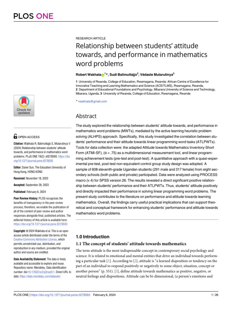 Attitude and Performance in Math Problems | PDF | Learning ...