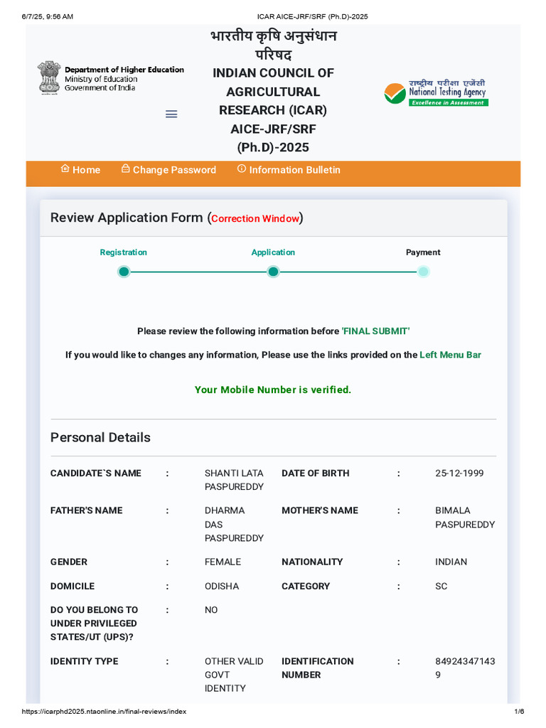 ICAR AICE-JRF/SRF PhD 2025 Details | PDF