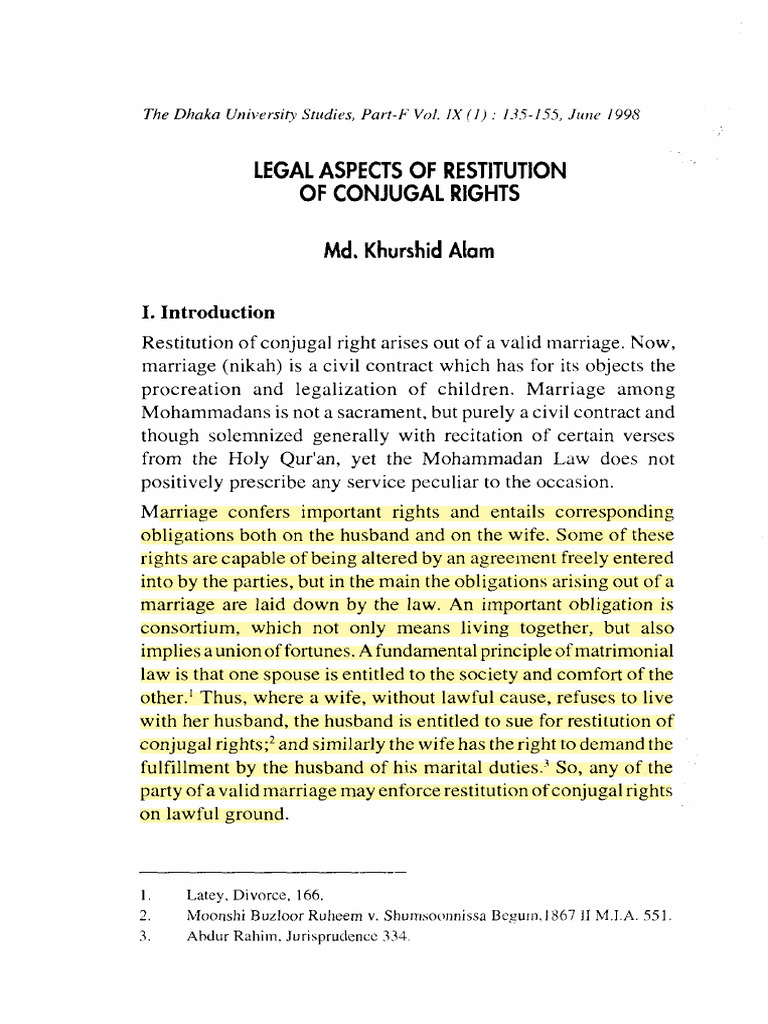 Restitution of Conjugal Right | PDF | Marriage | Constitution