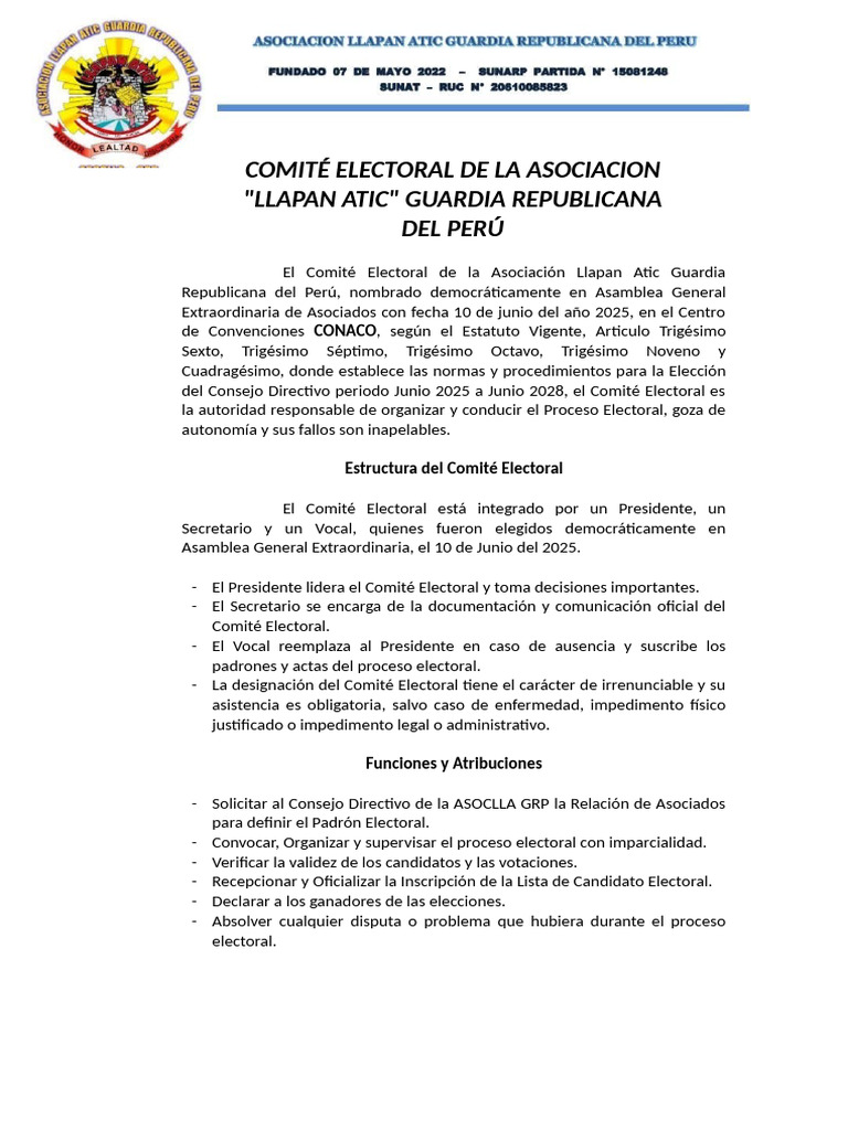 Comité Electoral de La Asociacion | PDF | Elecciones | Responsabilidad