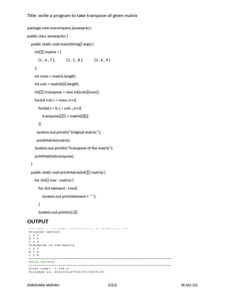 Java Program for Matrix Transpose | PDF