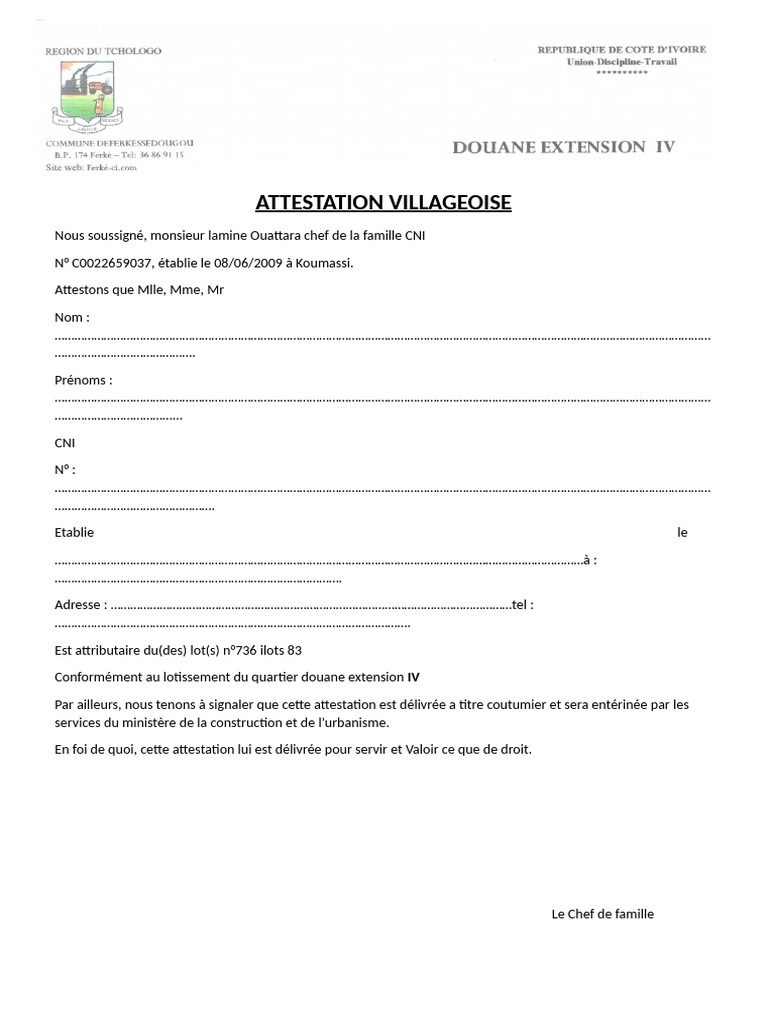 Modèle d'attestation villageoise | PDF