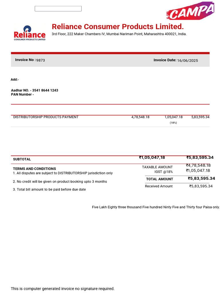 9873 - Products Payment - Invoice - Mr. Shamir Khan | PDF