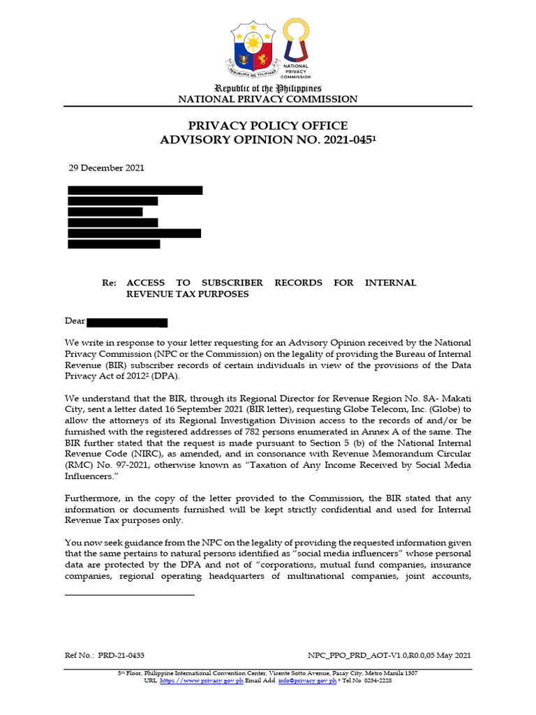 Advisory Opinion on Subscriber Records Access | PDF | Taxes | Audit