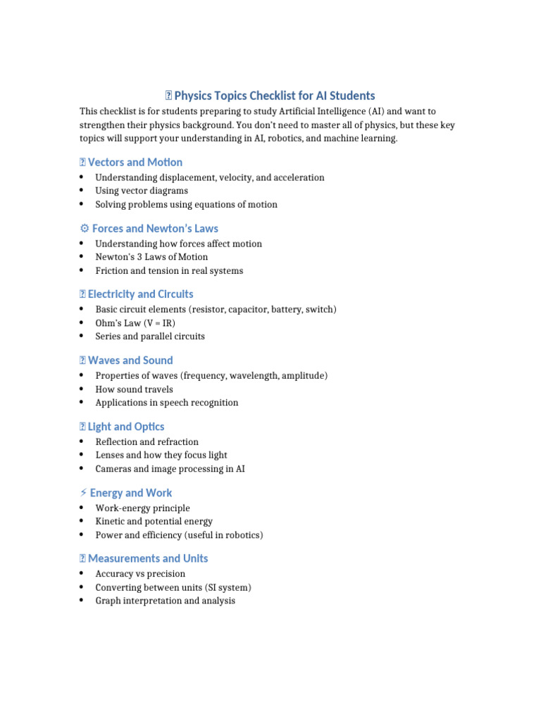 Physics Topics Checklist For AI Students | PDF