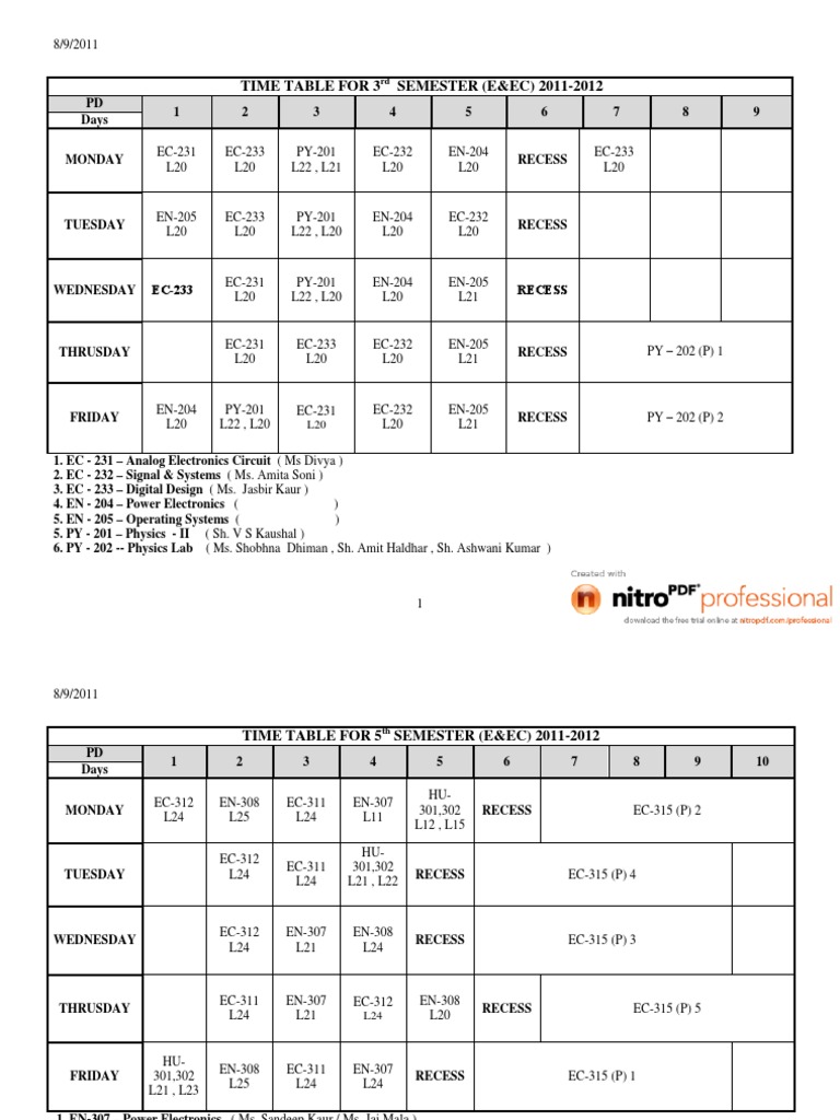 E&EC 3rd Sem Time Table | PDF