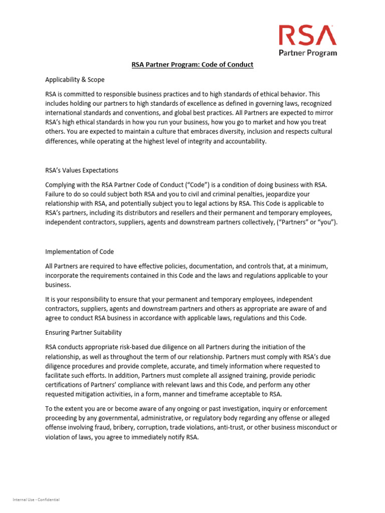 RSA Partner Program Code of Conduct | PDF | Bribery | Trade Secret