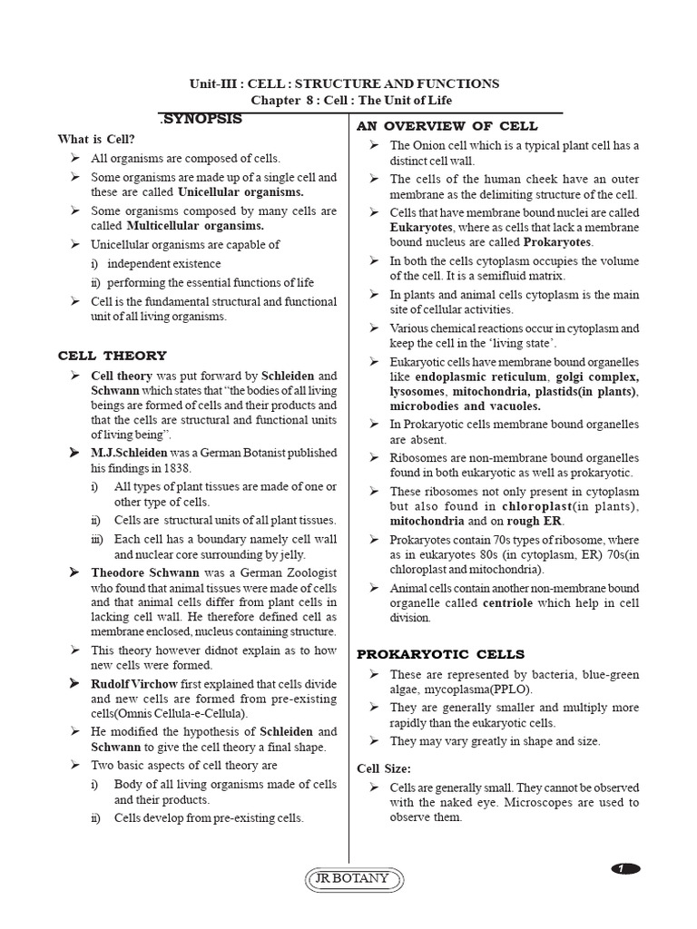 Cell Structure and Functions Overview | PDF | Cell (Biology) | Chloroplast