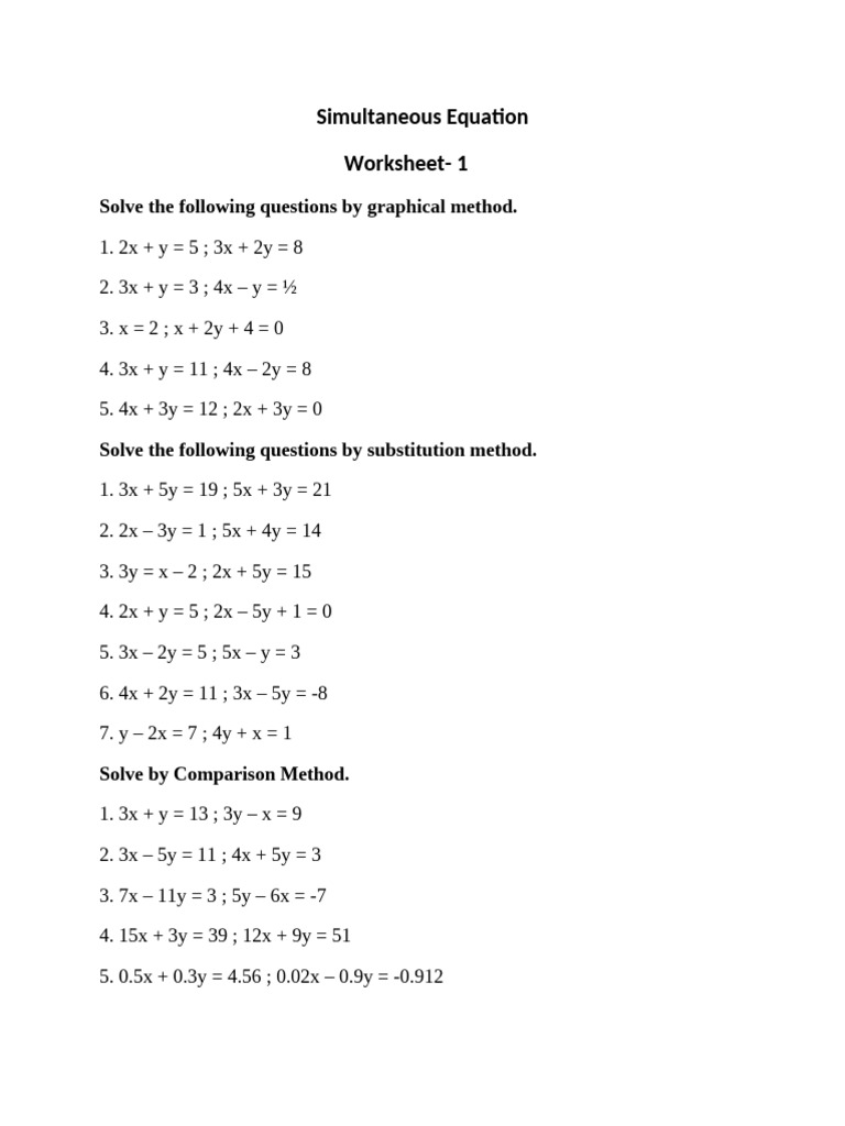 Simultaneous Equations Worksheet | PDF | Division (Mathematics ...