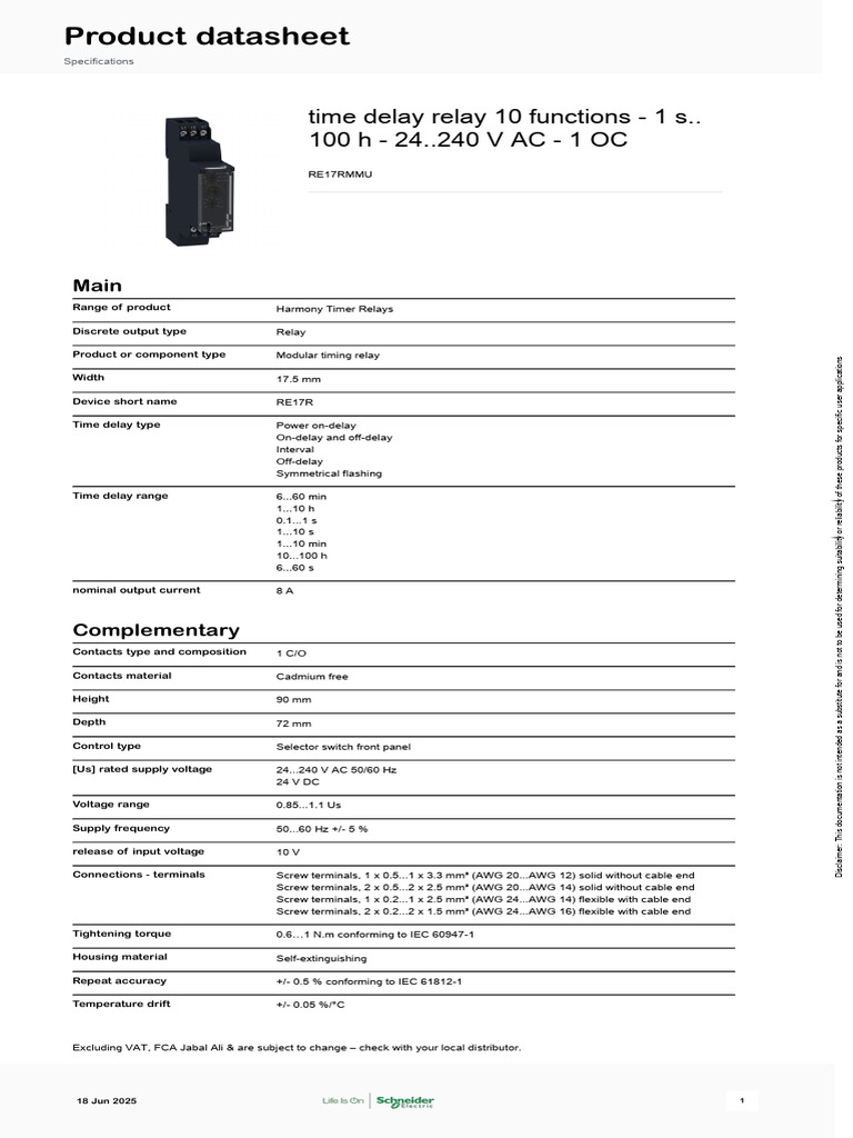 RE17RMMU Timer Relay Specifications | PDF | Relay | Alternating Current