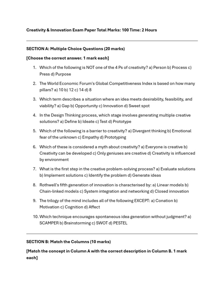 Mock Exam by ChatGPT PDF Creativity Design Thinking