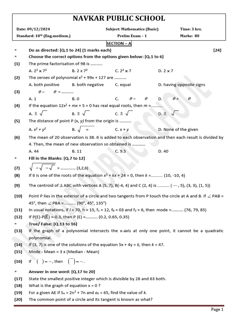 STD 10th Maths Prelim Exam - 1 Basic 9.12.24 | PDF | Circle | Quadratic ...
