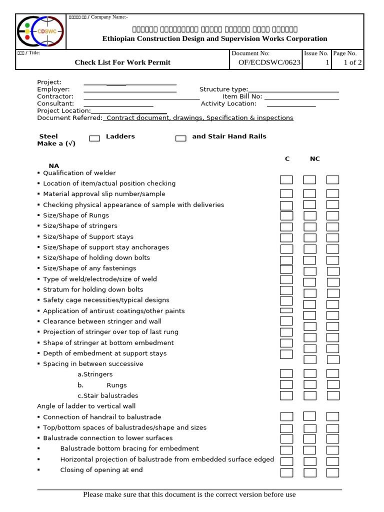 Work Permit Checklist for Construction | PDF | Stairs | Welding