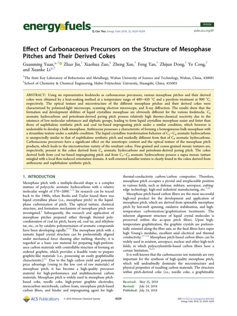 Yuan Et Al 2018 Effect of Carbonaceous Precursors On The Structure of ...