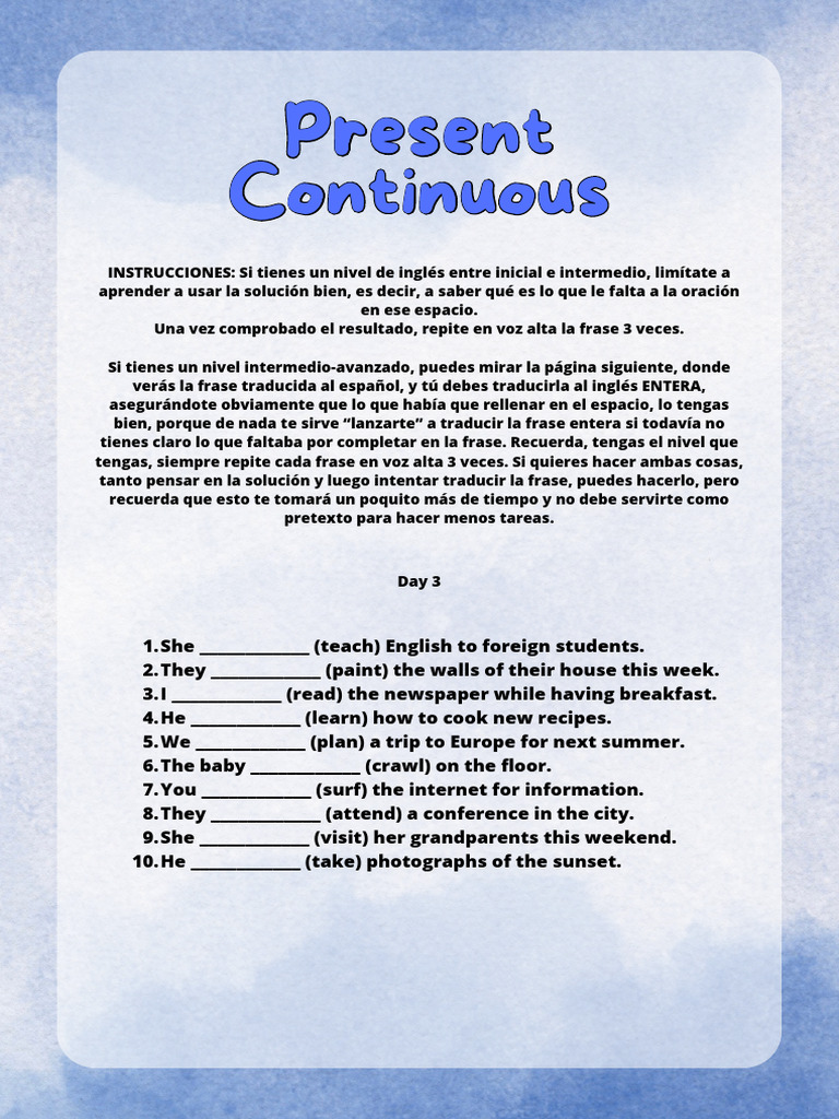 Ejercicios de Presente Continuo en Inglés | PDF