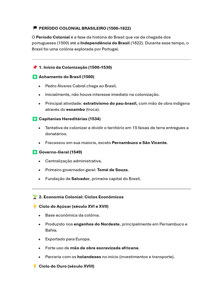 Resumo do Período Colonial Brasileiro | PDF | América do Sul | Brasil