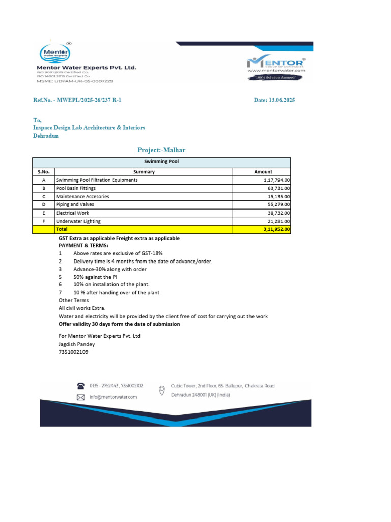Swimming Pool Construction BOQ 2025 | PDF | Electrical Wiring | Equipment