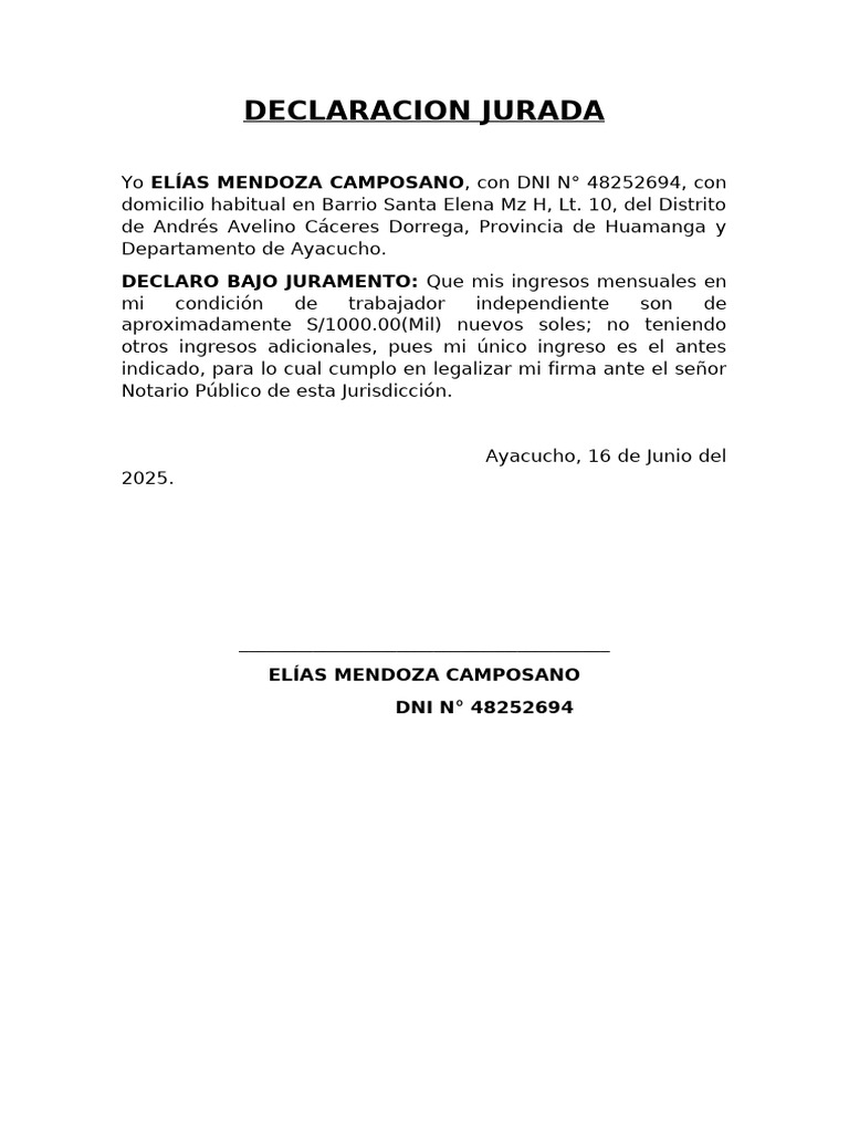 Declaración Jurada de Ingresos Mensuales | PDF