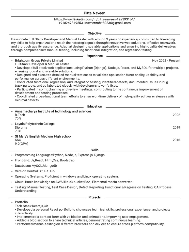 Full Stack Developer & Tester Profile | PDF | My Sql | Java Script