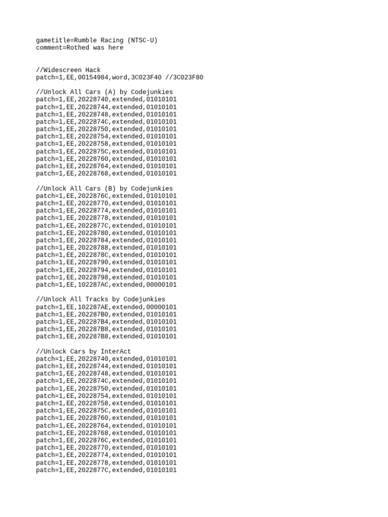 Rumble Racing PS2 Cheat Codes | PDF