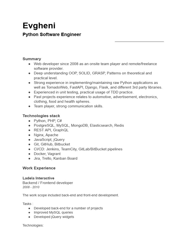 Python Software Engineer Resume | PDF | My Sql | J Query