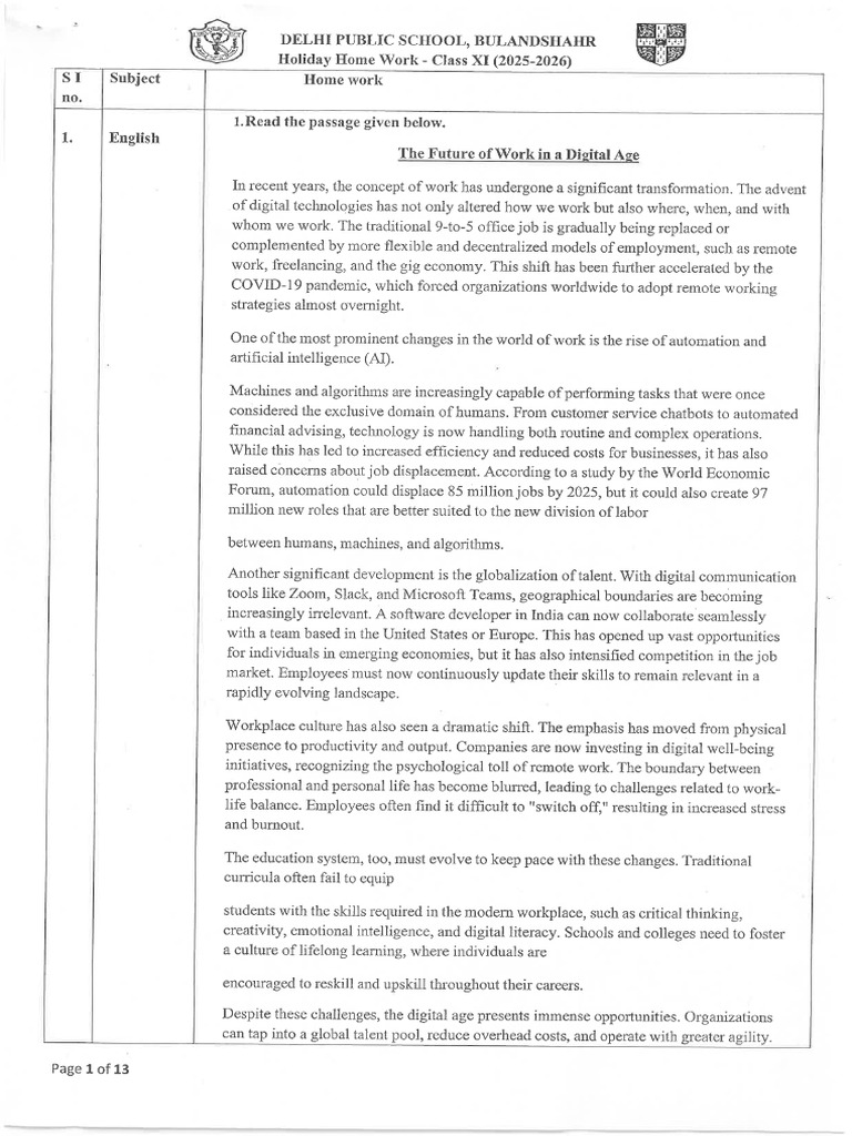 Holiday Home Work Class-XI (2025-26) | PDF