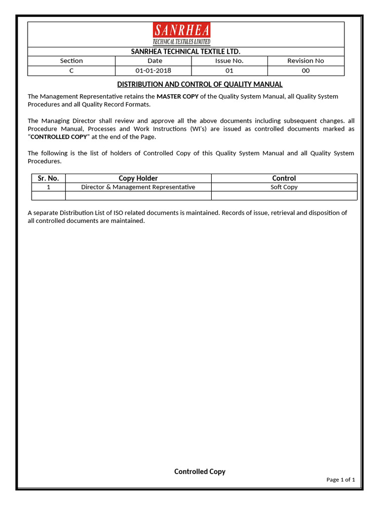Section-C Distribution and Control of Quality Manual | PDF