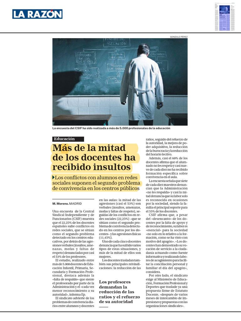 LA RAZÓN Más de La Mitad de Los Docentes Ha Recibido Insultos | PDF
