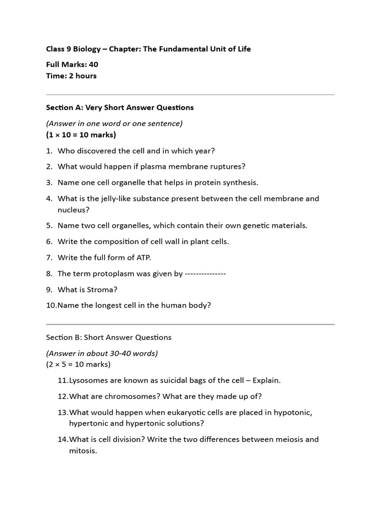 Class 9 Biology: The Cell Unit Guide | PDF