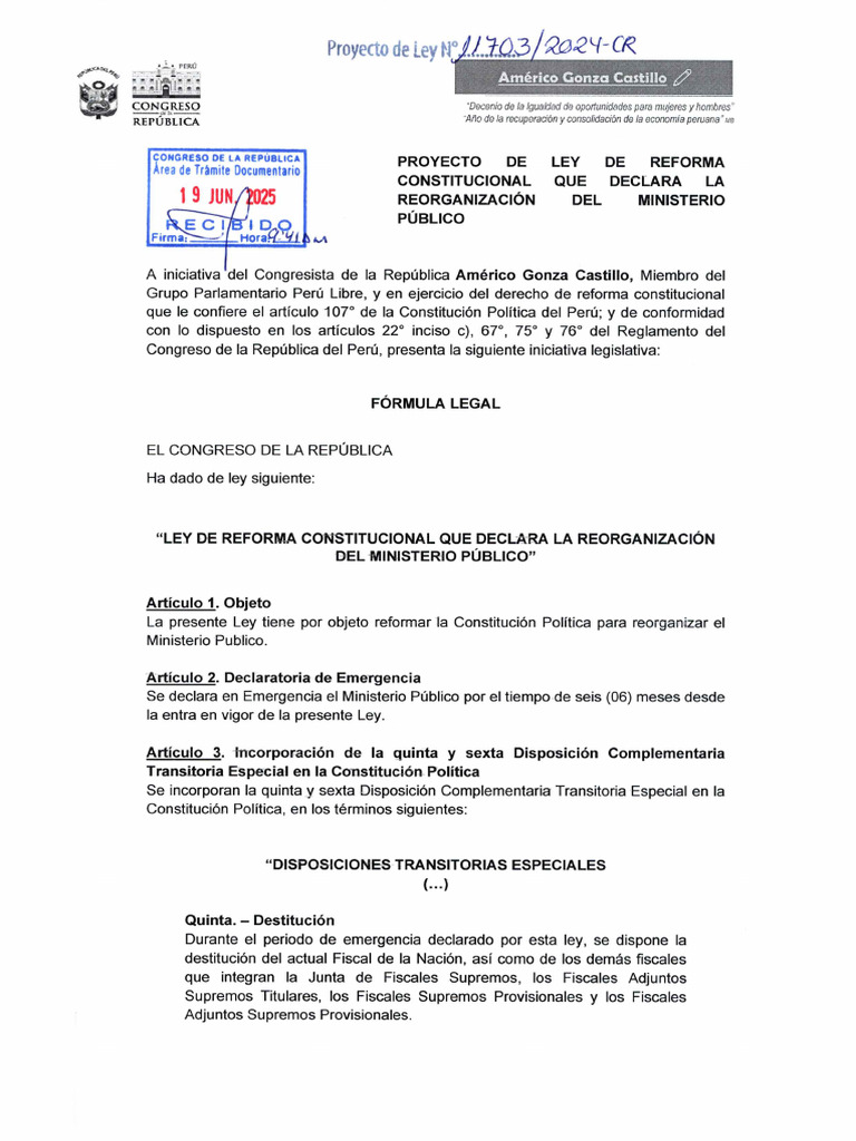 Proyecto de Ley de Reforma Constitucional Que Declara La Reorganizacion ...