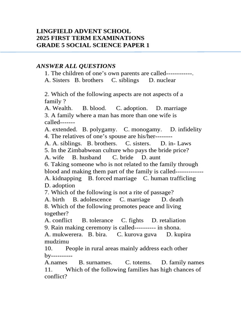 Social Science Paper 1 Lingfield g5 | PDF | Marriage, Unions And ...