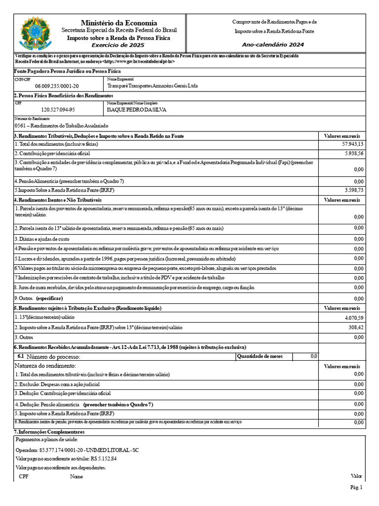 Comprovante de Rendimentos 2024 IRPF | PDF | Imposto de Renda | Renda