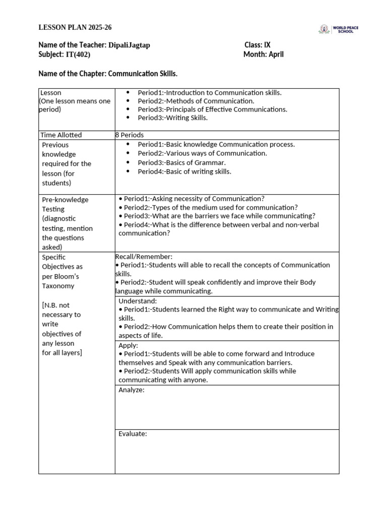 Communication Skills Lesson Plan IX | PDF | Communication | Learning