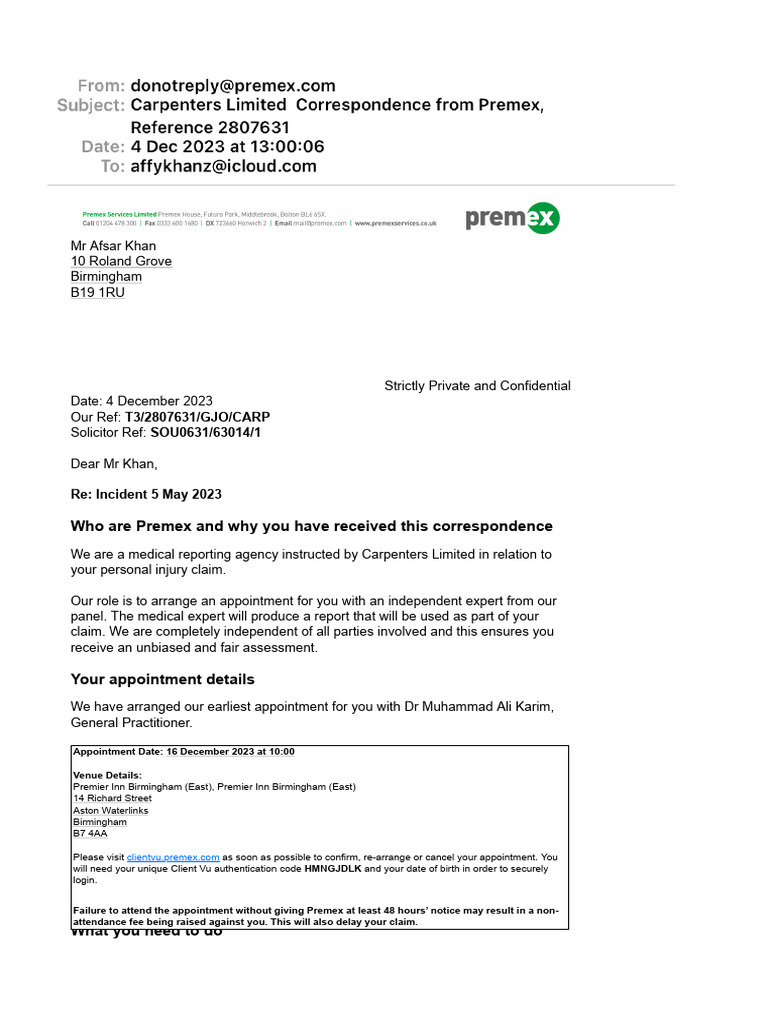 Carpenters Limited Correspondence From Premex, Reference 2807631 | PDF