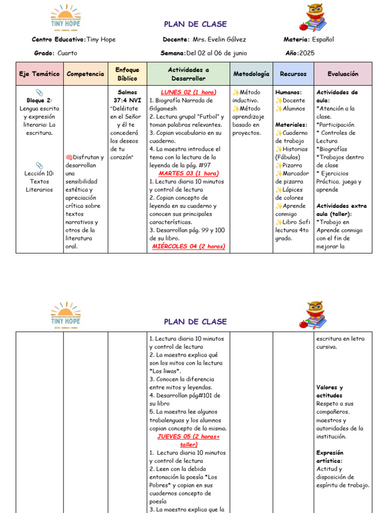 PLAN de CLASE ESPAÑOL - Semana Del 02 Al 06 de Junio | PDF | Salón de ...