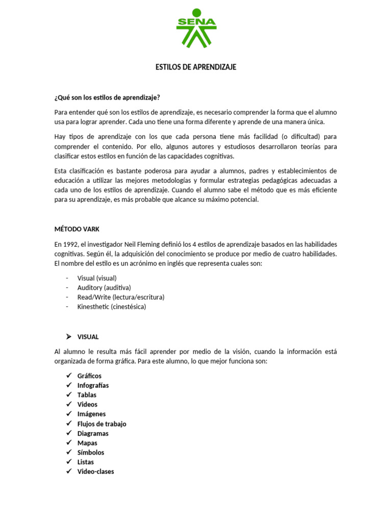 Estilos de Aprendizaje: VARK y Kolb | PDF | Aprendizaje | Aprendiendo ...