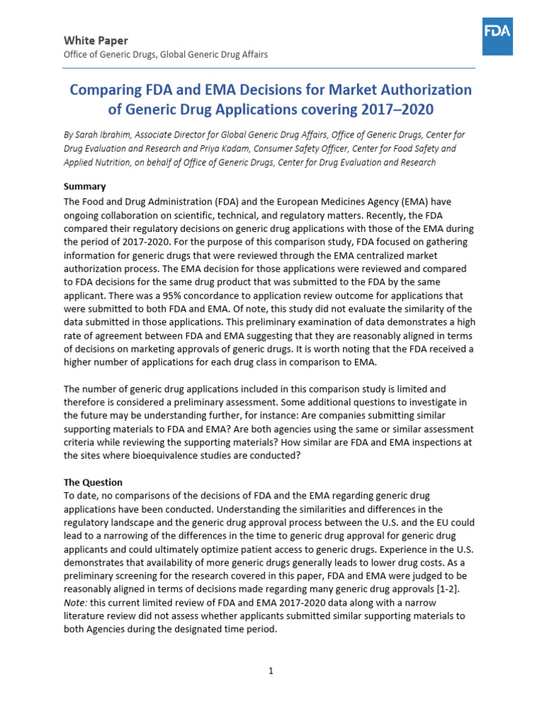 FDA vs EMA Generic Drug Approval Study | PDF | Food And Drug ...