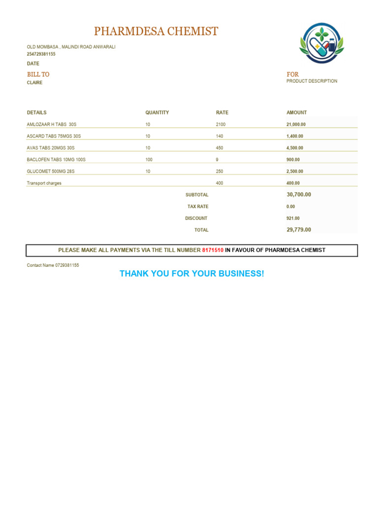 Mombasa Chemist Invoice Summary | PDF