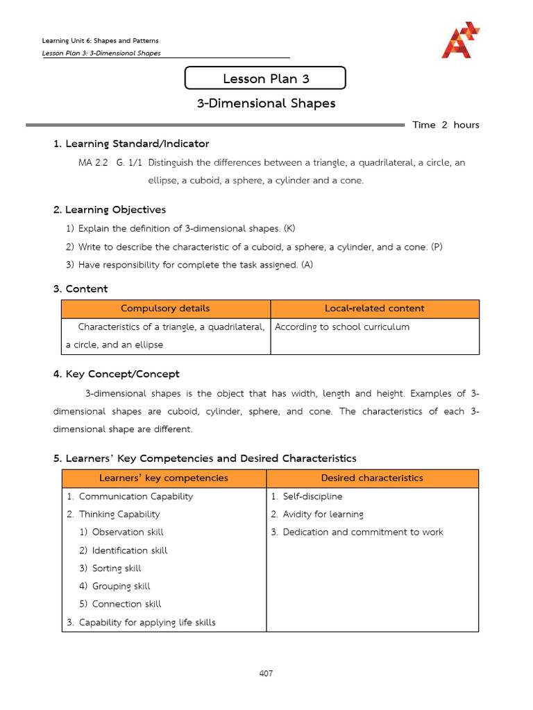 Lesson Plan 6-3 3-Dimensional Shapes | PDF | Shape | Learning
