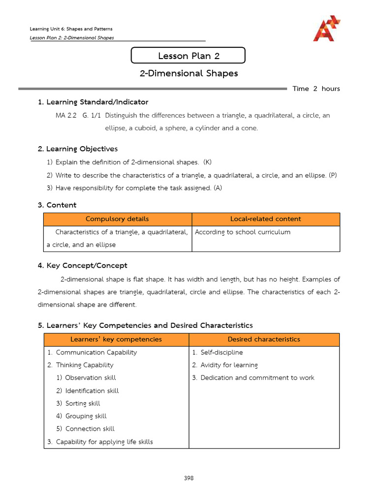 Lesson Plan 6-2 2-Dimensional Shapes | PDF | Shape | Learning