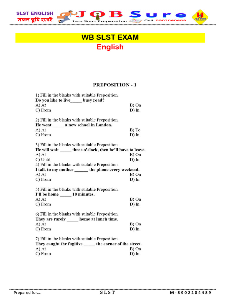 Prepositions Practice Set | PDF